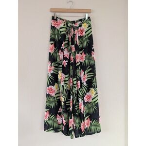Junior's Cage Black Tropical Floral Wide‎ Leg Palazzo Pants Tie Waist Size L